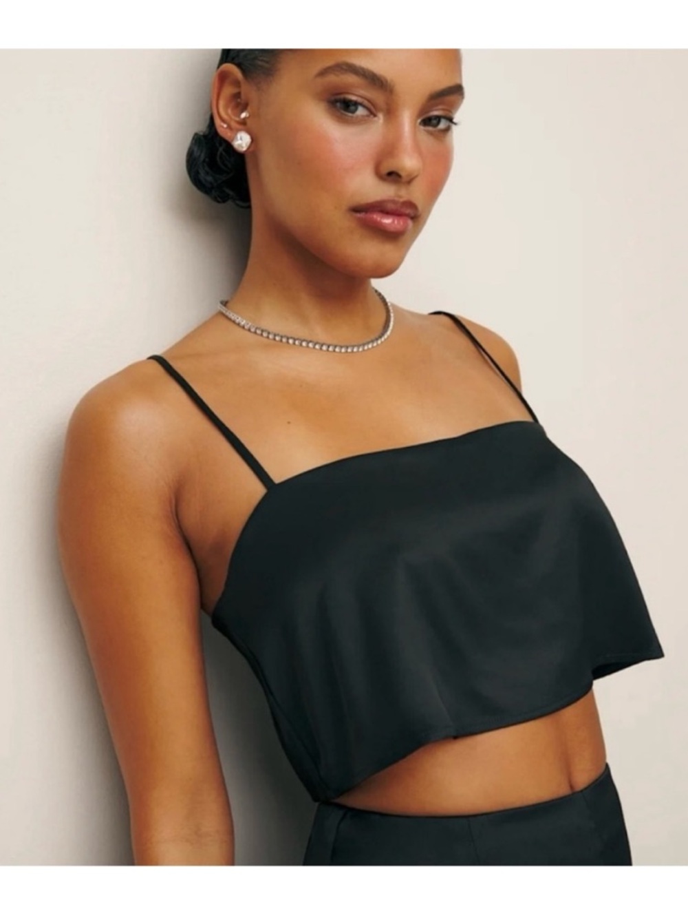 Reformation Cleo Top 100% Silk Navy Blue Cami Crop Square Neck Slip Top Size 10